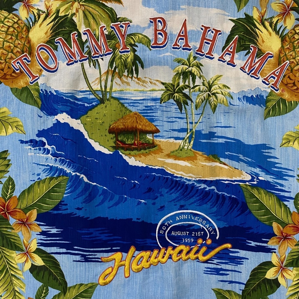 Tommy Bahama Shirt Mens Medium Silk Embroidered Hawaiian Island 50th Anniversary